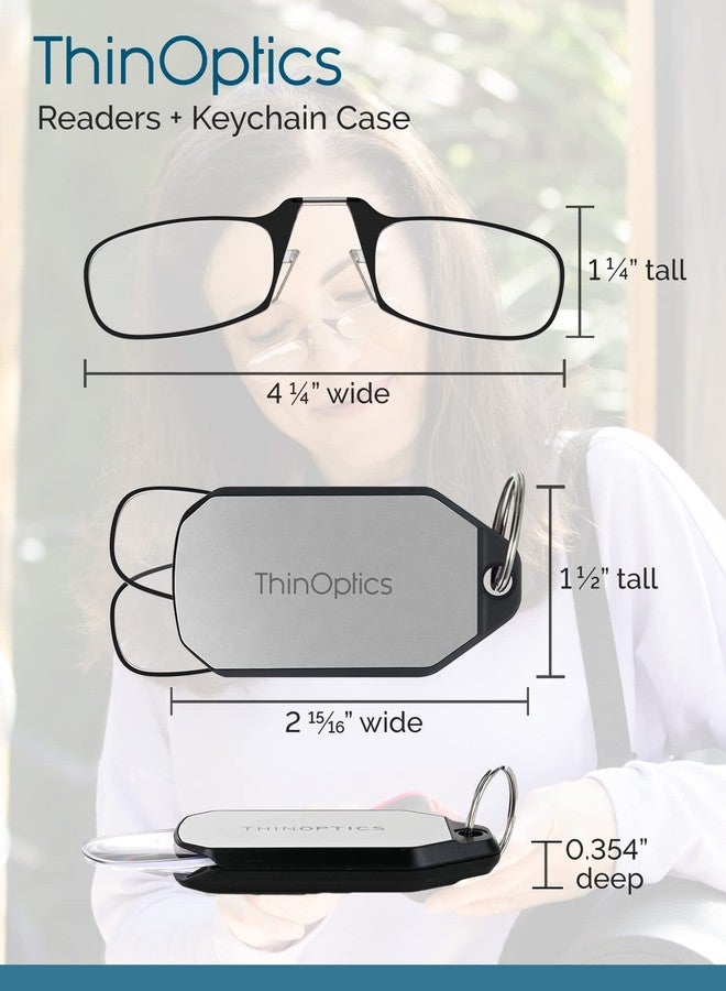 ثين أوبتيكس نظارات قراءة ThinOptics للجنسين للبالغين، توضع على الأنف، مع حافظة، نظارات محمولة ومريحة للرجال والنساء، رفيعة ومتينة، سهلة التعليق على سلسلة المفاتيح أو حقيبة الظهر أو حقيبة الجولف، إطار أسود، حافظة فضية، 20x، أسود، 44 مم أمريكي - Image 5